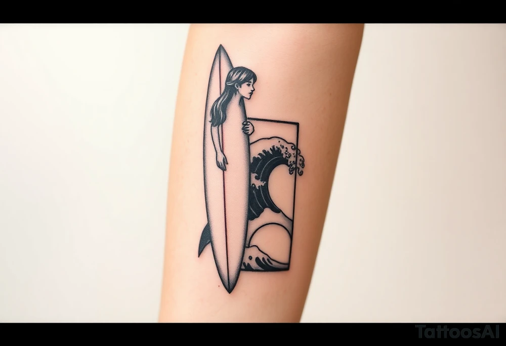 New school geometrical concept tattoo with the girl holding surfboard in a vertical position her face is turned 60 degrees to out side, the bottom part of a body is showed, on the right side of a tattoo is the realistic wave closed in a frame. And the bottom of a taro is a palenesiab sun. Link the objects based on new school geometry tattoos. tattoo idea