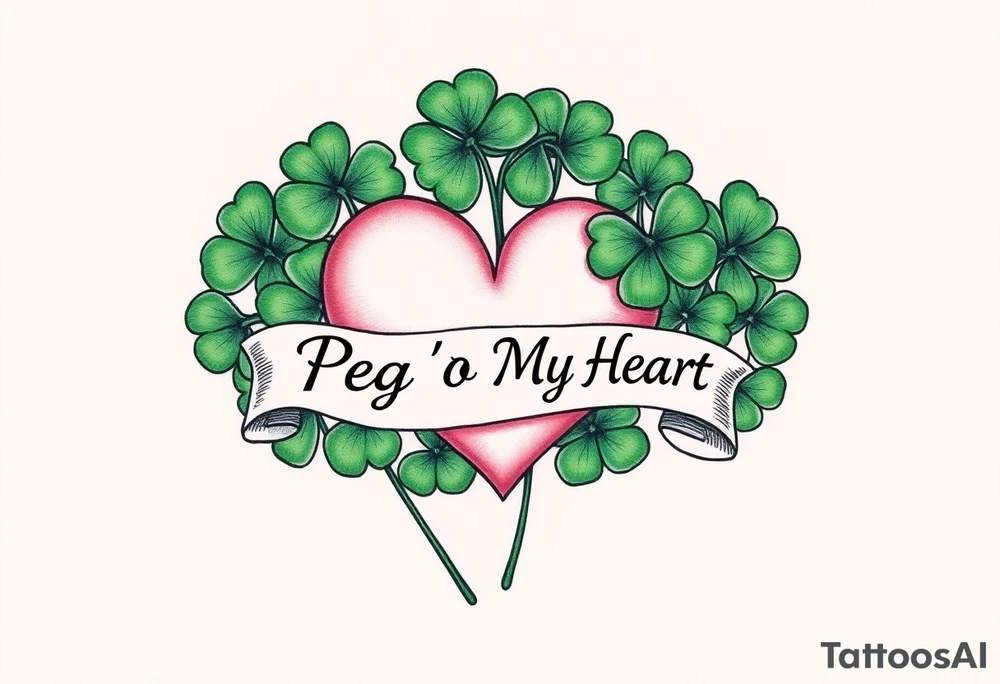 Bunch of Green shamrocks with a big pink heart and a banner across the heart that says " Peg 'o My Heart" tattoo idea