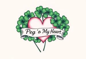 Bunch of Green shamrocks with a big pink heart and a banner across the heart that says " Peg 'o My Heart" tattoo idea