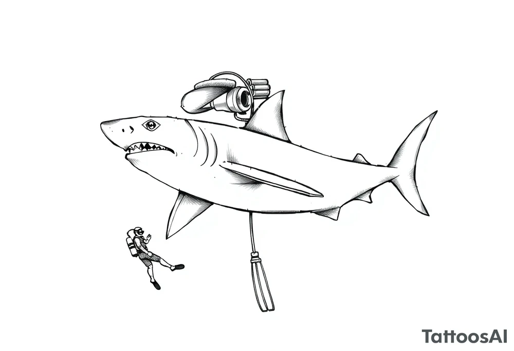 Generate a dive scene including a shark and a diver tattoo idea