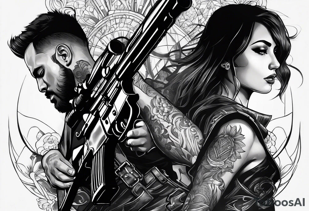 In the reflection of a eye two black siloets of people holding guns one man dead on the ground with a wounded woman standing behind him tattoo idea