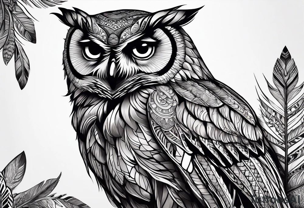 “A wise owl perched on a branch, with large, expressive eyes and intricate feather patterns, representing wisdom tattoo idea