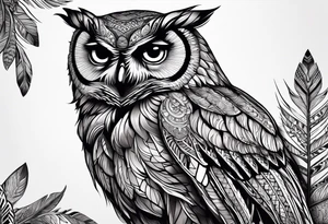 “A wise owl perched on a branch, with large, expressive eyes and intricate feather patterns, representing wisdom tattoo idea