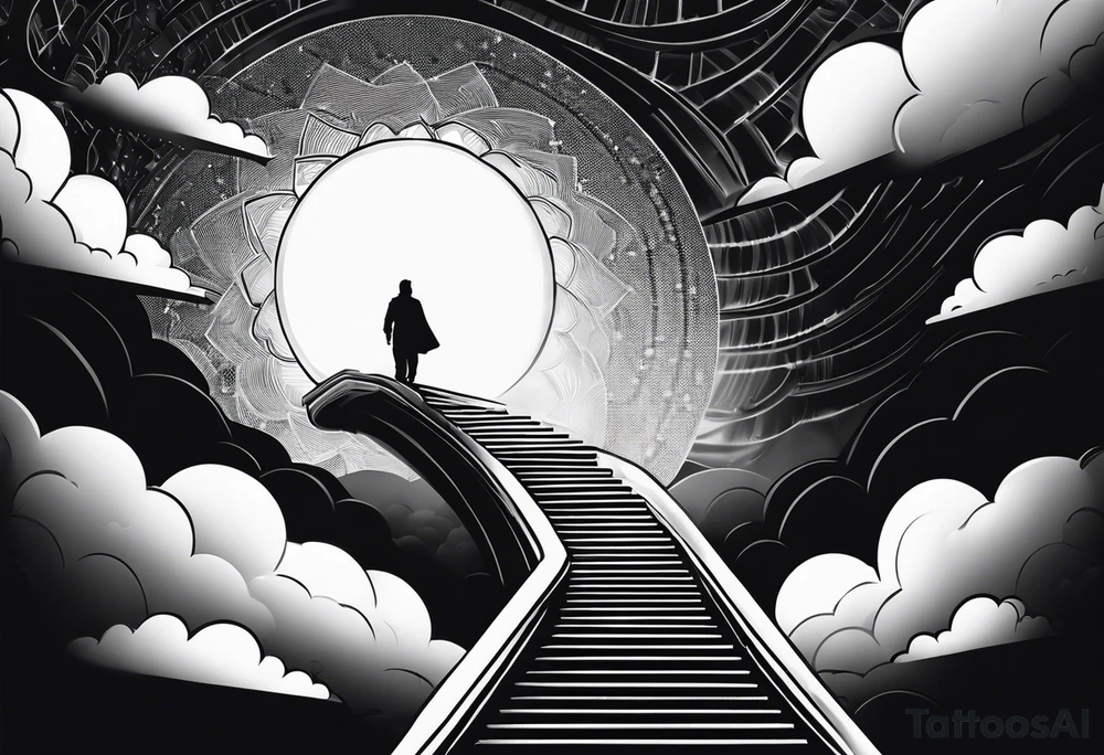 Person walking up stairs into heaven with sun beaming through clouds tattoo idea