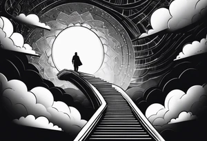 Person walking up stairs into heaven with sun beaming through clouds tattoo idea