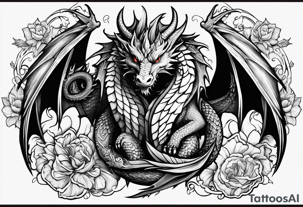 Family of five dragons, Mother with wings spread tattoo idea