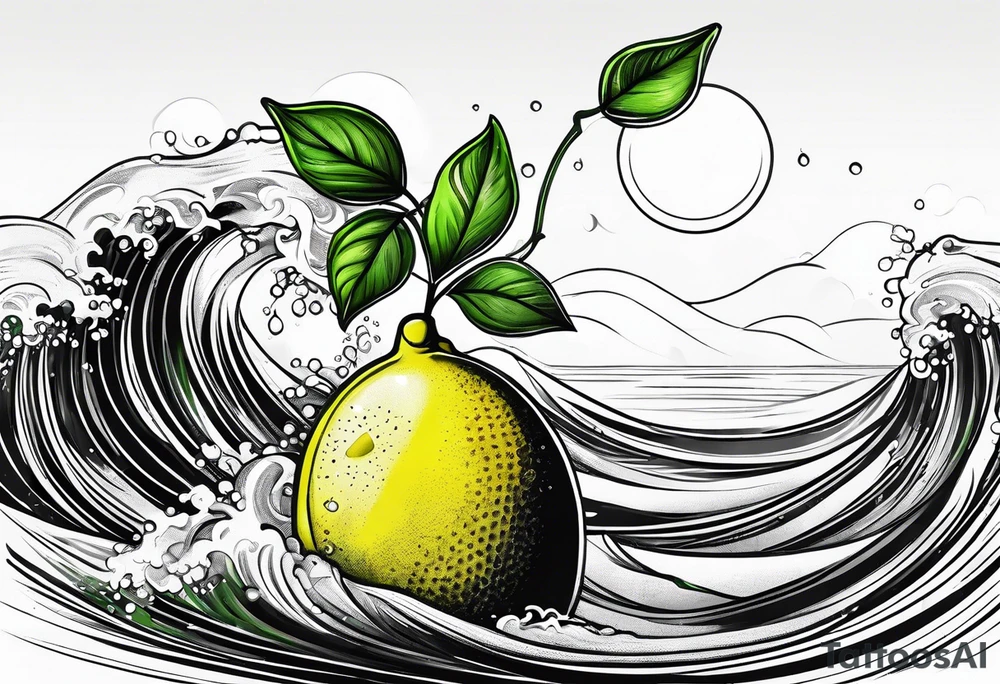 A lemon-Buoy with a green leaf-flag on waves tattoo idea