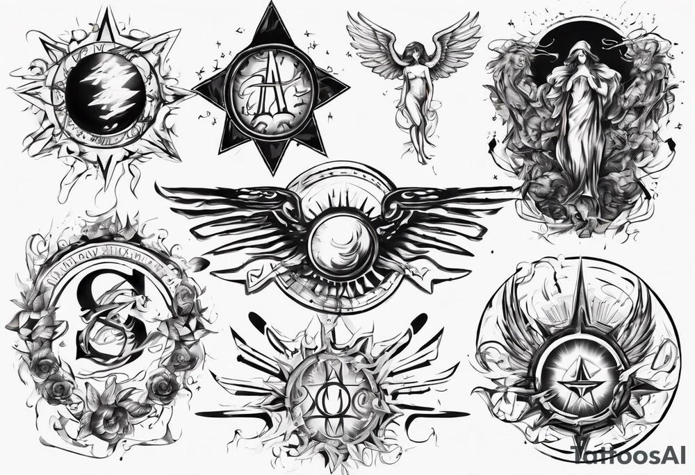 abstraction with sun and letters and angels tattoo idea