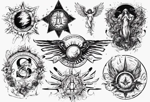 abstraction with sun and letters and angels tattoo idea