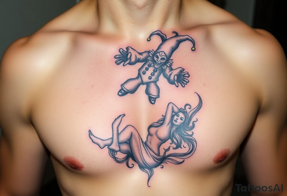 jester hovering over woman in smoke tattoo idea