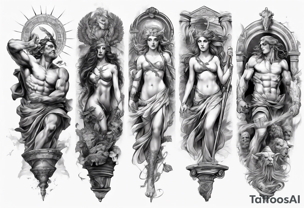 greek mythology
many details
full arm sleeve
realisism tattoo idea
