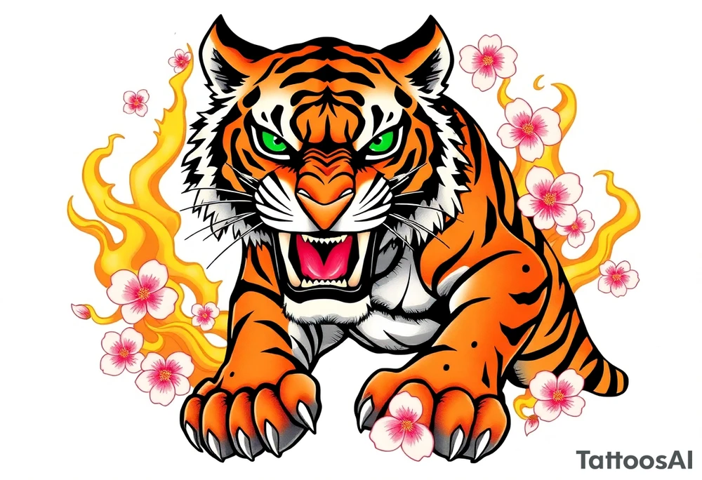 A fierce and majestic tiger, mid-roar, with piercing emerald-green eyes and bold orange-and-black striped fur. Its powerful muscles are accentuated by intricate shading, giving it a lifelike presence. Surrounding the tiger are swirling golden flames, symbolizing strength and resilience, while delicate cherry blossom petals in soft pink and white float around, representing balance between power and grace. tattoo idea