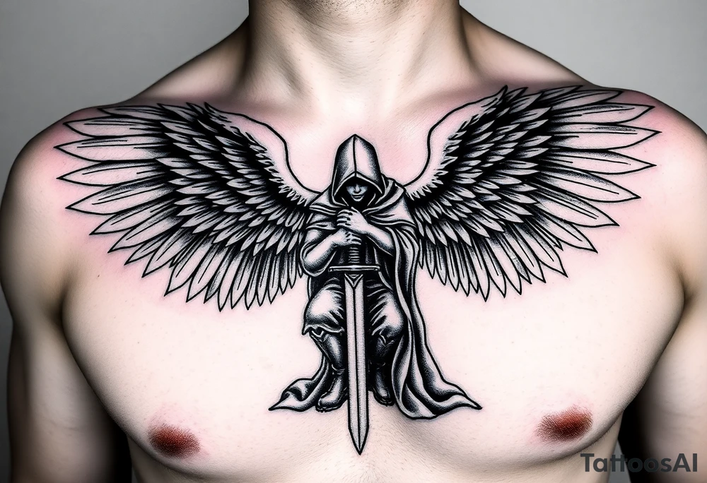 Soldier Angel with long sword kneeling looking down cloak over head wings spread tattoo idea, upper chest tattoo idea