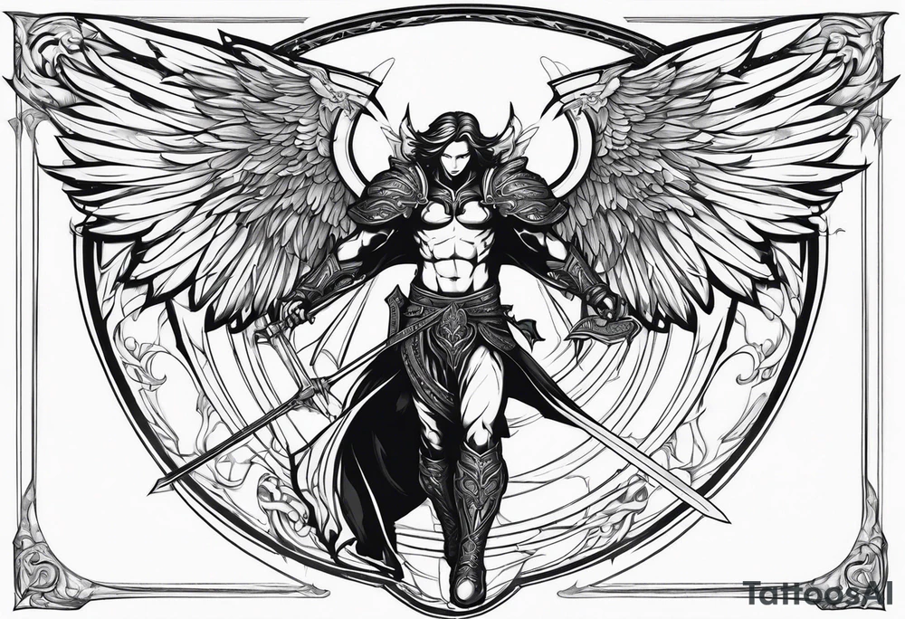 Arch angel fighting sword male full body heavenly tattoo idea