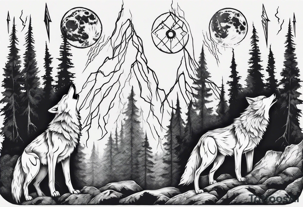 lightning over forest with wolf howling tattoo idea