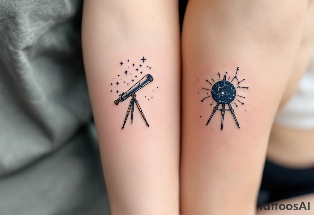 One wears a telescope facing the stars, the other a constellation in delicate white ink on deep navy skin, forming a shared universe. tattoo idea