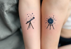 One wears a telescope facing the stars, the other a constellation in delicate white ink on deep navy skin, forming a shared universe. tattoo idea