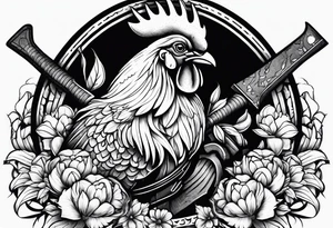 Buff rooster holding an axe chopping crabs tattoo idea