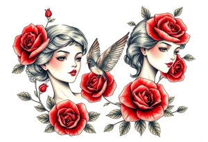 Vintage dollies, red roses, lace, red bird, vintage, wrap around tattoo idea