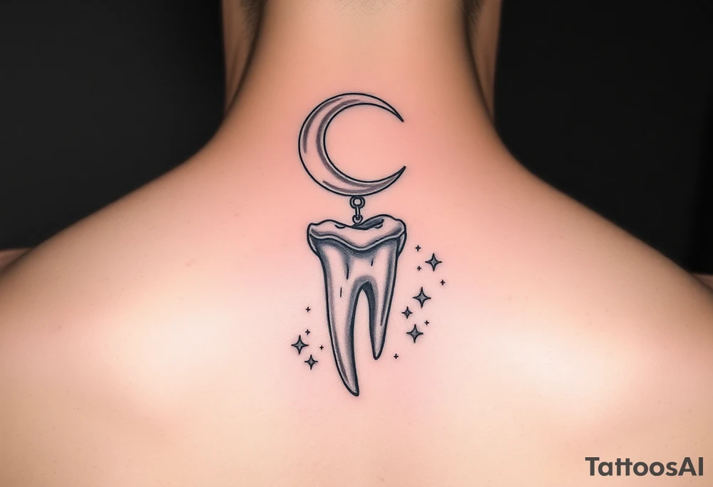 A molar tooth dangling like a pendant from a crescent moon with tiny stars scattered around, soft watercolor pastel style.” tattoo idea