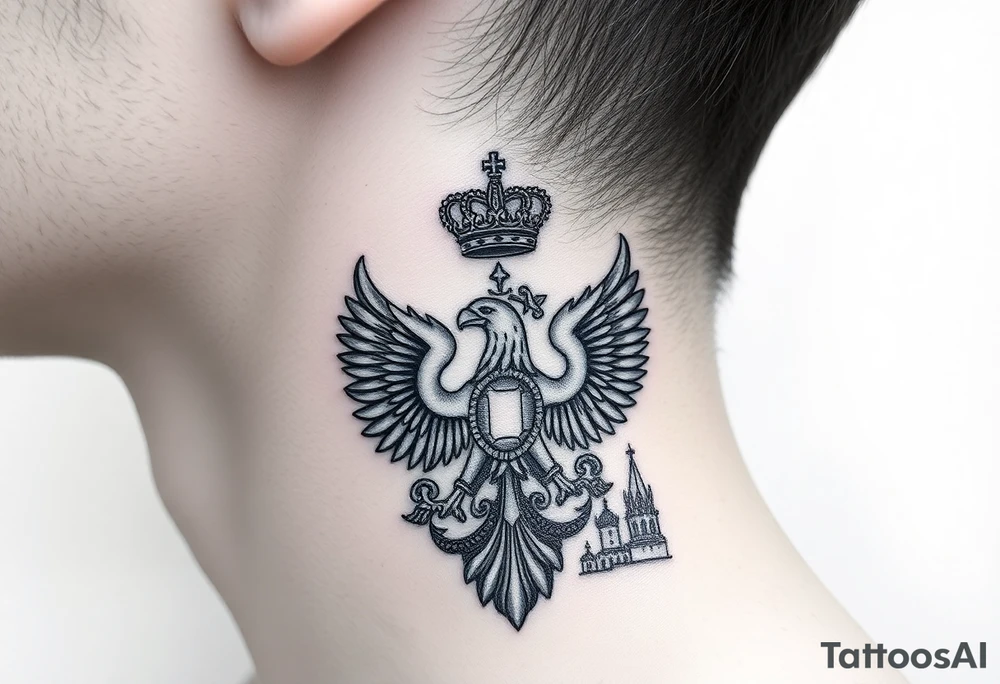 St. George, 3 russian imperial crowns above the Russian coat of arms double eagle and sitting above its wingspan sitting just above Kremlin or St. Basil's Cathedral scene  on the side of my neck tattoo idea