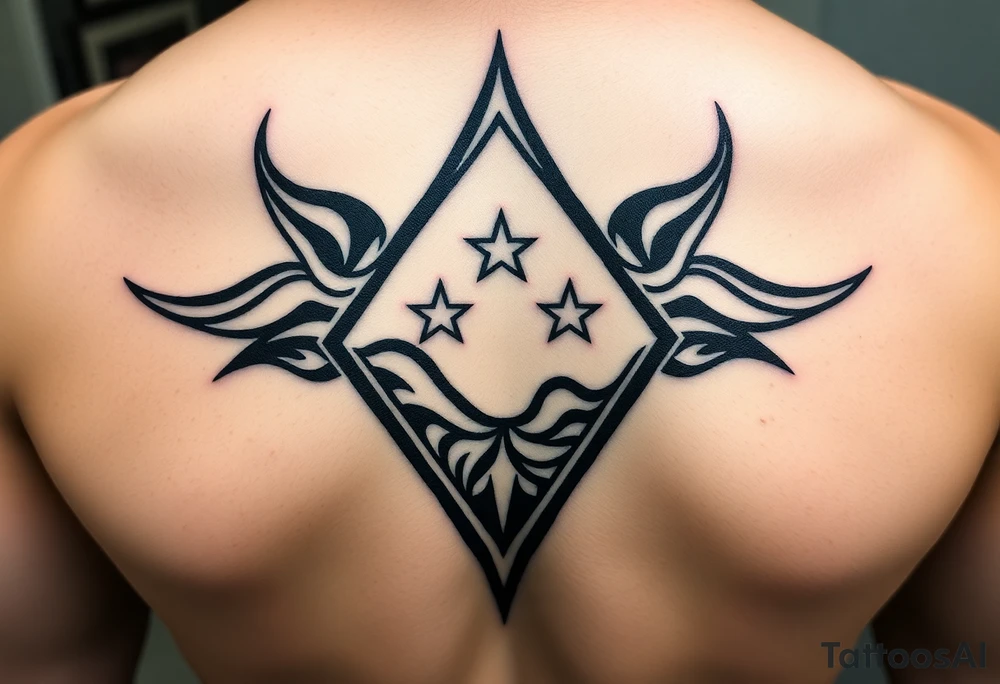 A sharp edged powerful wave with 2 stars inside of a elongated diamond tattoo idea
