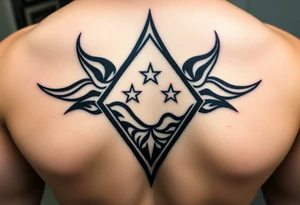 A sharp edged powerful wave with 2 stars inside of a elongated diamond tattoo idea