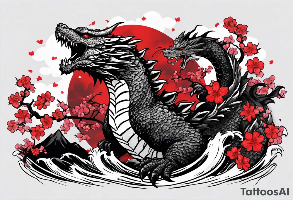 godzilla inspired dragon irezumi in black and red with water and lightning and cherry blossoms arm sleeve tattoo idea