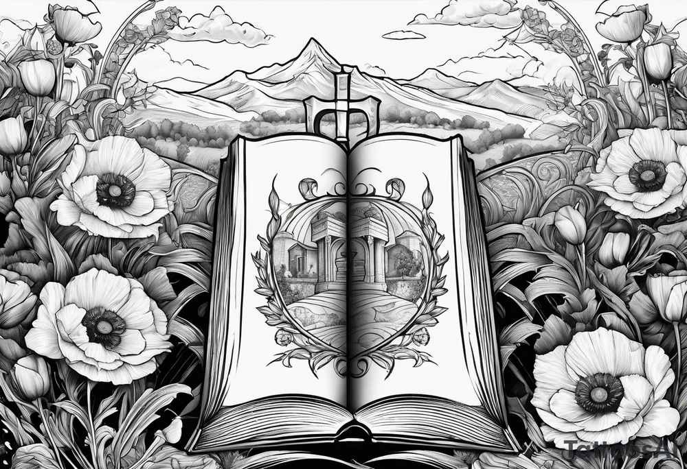 A book with a dagger surrounded by poppies tattoo idea A book with a dagger surrounded by poppies tattoo idea