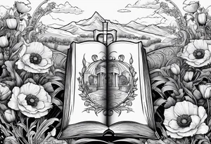 A book with a dagger surrounded by poppies tattoo idea