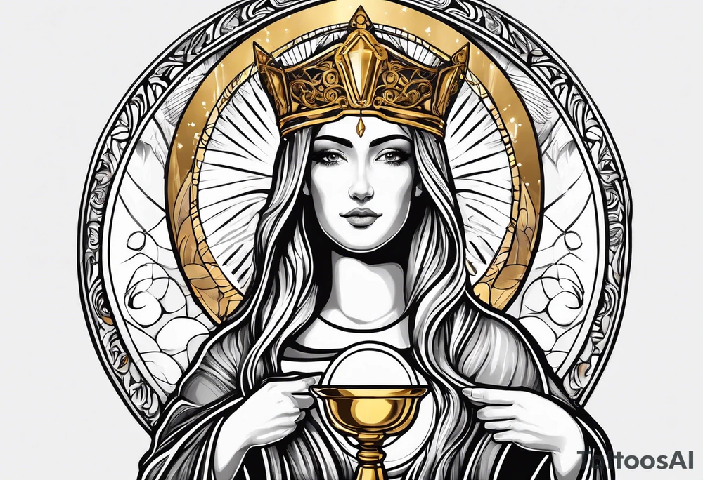 holy saint woman with golden halo holding a chalice tattoo idea