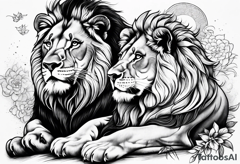 Realistic lion and lioness 
bonding tattoo idea