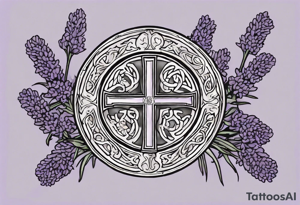 I'm looking for a custom tattoo design featuring a faithful and precise representation of the Saint Benedict medal, surrounded by delicately intertwined lavender flowers to create a harmonious and aesthetically pleasing composition. The focus should be on maintaining the authenticity of the Saint Benedict medal while incorporating the serene beauty of lavender blooms around it. The design should strike a balance that captures the symbolic essence of the medal within a visually appealing tattoo. tattoo idea