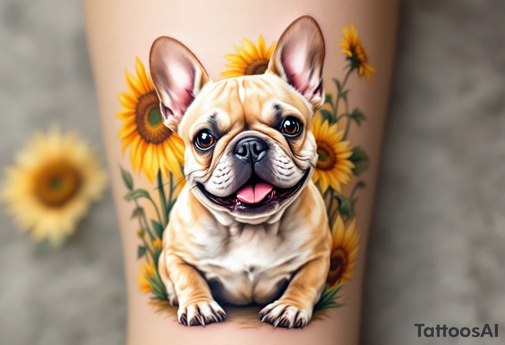 French Bulldog in sunflowers, smiling and sitting among tall golden yellow sunflowers, light tan fur with white paws. tattoo idea
