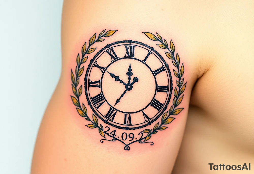 A Roman numeral clock surrounded by olive branches, included baby´s name "Erik" and birth date "24. 09. 2023 in muted green and gold tattoo idea