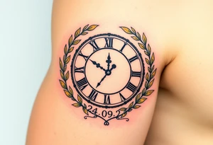 A Roman numeral clock surrounded by olive branches, included baby´s name "Erik" and birth date "24. 09. 2023 in muted green and gold tattoo idea