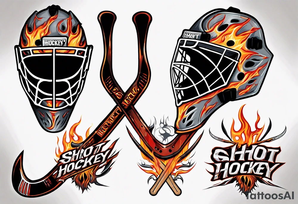 a goalie mask and crossed hockey sticks with flames that says "SHOT HOCKEY" tattoo idea