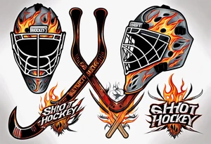 a goalie mask and crossed hockey sticks with flames that says "SHOT HOCKEY" tattoo idea