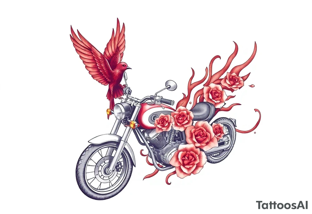 Motorcycle, red bird flying, roses and lace, flames tattoo idea