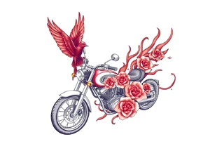 Motorcycle, red bird flying, roses and lace, flames tattoo idea
