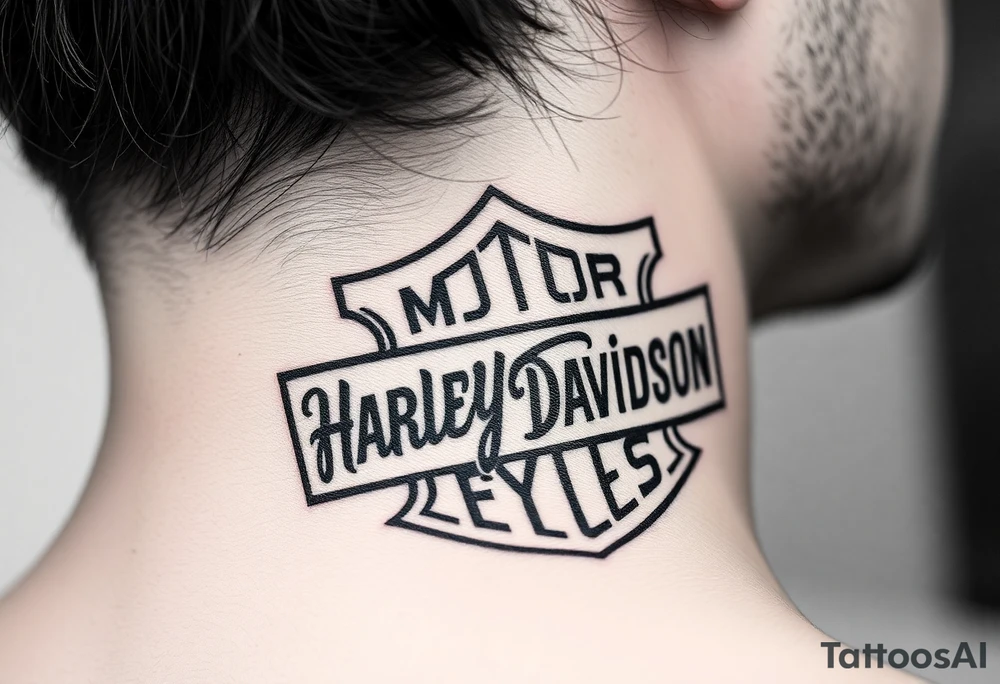 "rip Logan a rustan" in colligraphy font  inside of hollow Harley davidson sign tattoo idea