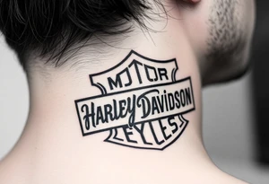 "rip Logan a rustan" in colligraphy font  inside of hollow Harley davidson sign tattoo idea