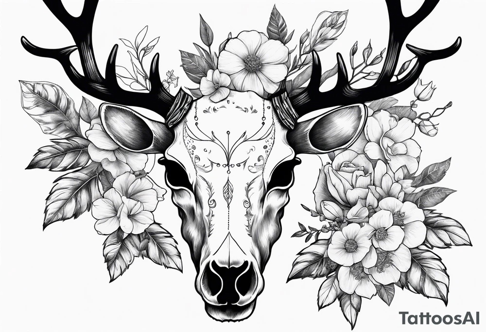 Reindeer skull with flowers going up the horns tattoo idea