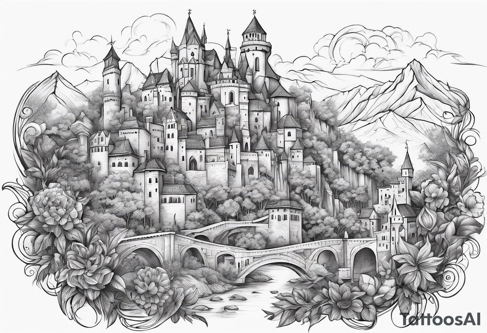 medieval tribal city 
floral  land  vignette tattoo idea