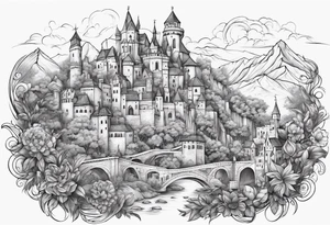 medieval tribal city 
floral  land  vignette tattoo idea
