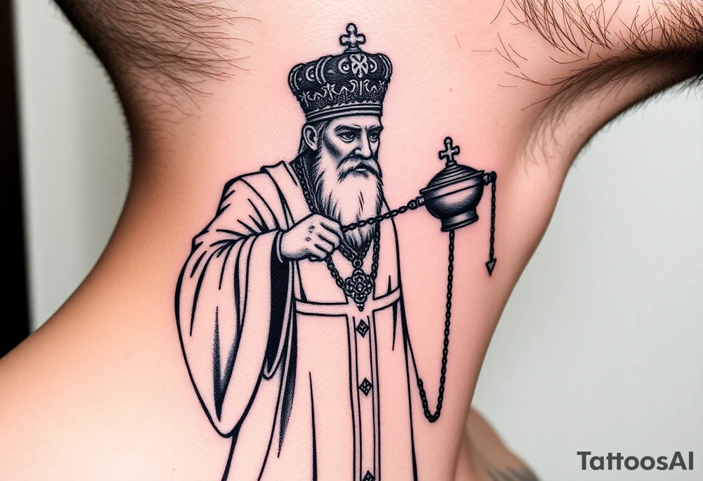 russian orthodox priest in a fully detailed garment swinging censer chains tattoo idea