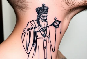russian orthodox priest in a fully detailed garment swinging censer chains tattoo idea