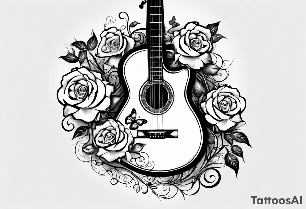 Acoustic guitar treble clef, roses and butterflies on the right side only tattoo idea