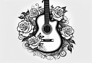 Acoustic guitar treble clef, roses and butterflies on the right side only tattoo idea