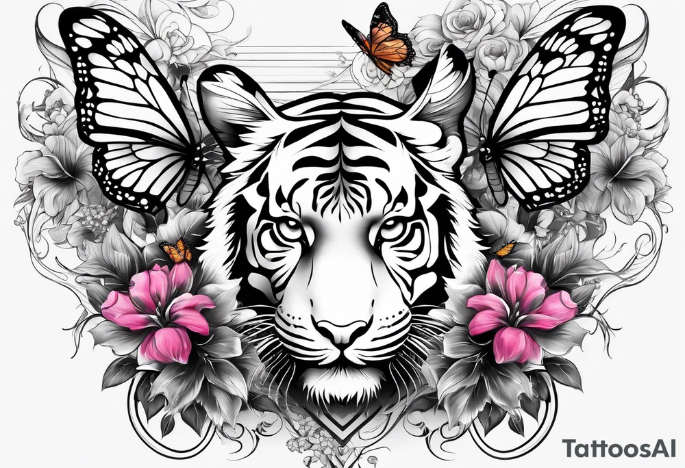 tiger, 3 butterflies, flowers for ladies thigh / hip tattoo idea